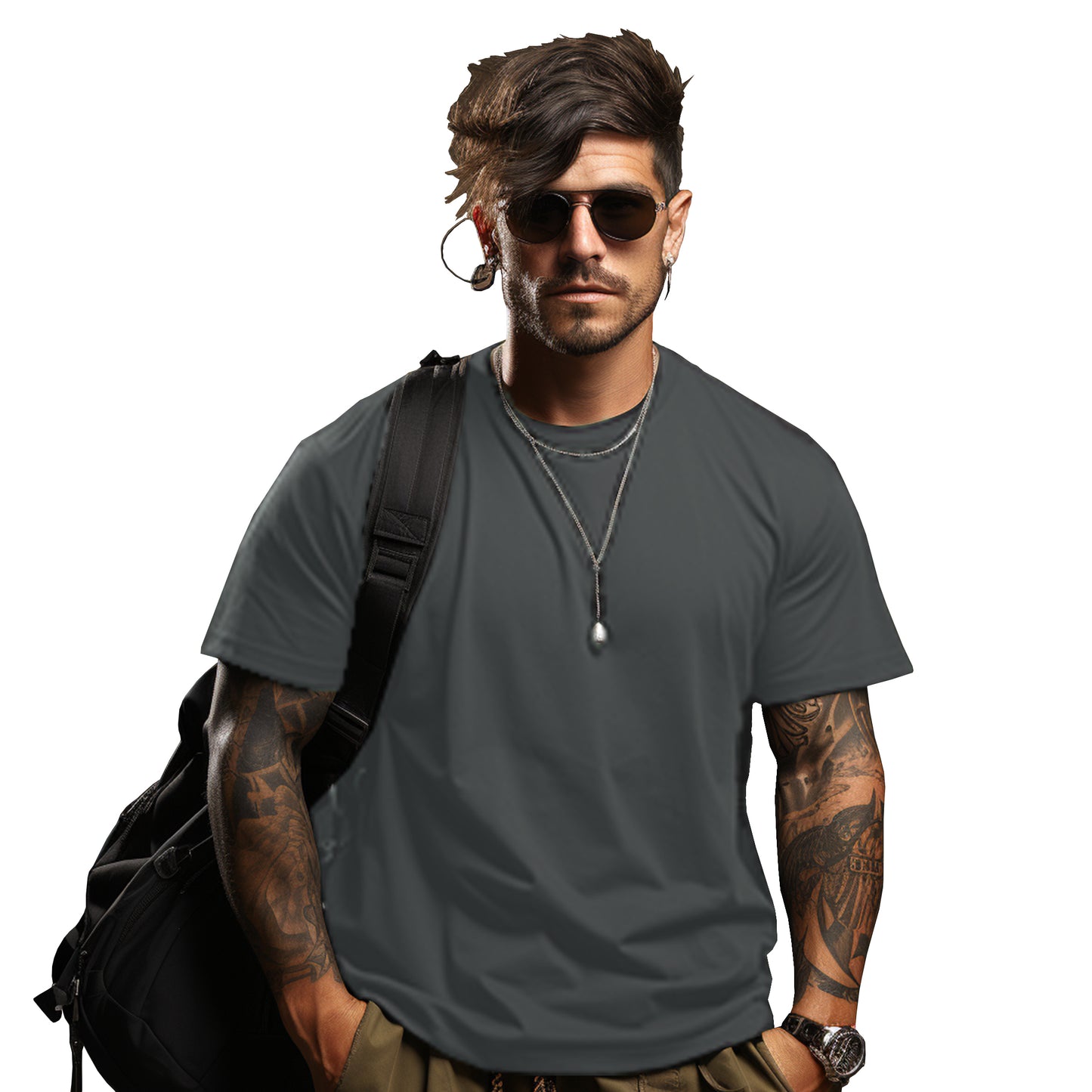 Brisira Men Summer Solid Color Crew Neck Short-Sleeve Cotton Coolmax Oversized T-Shirt Fashion Gym